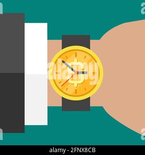 Hand mit goldener Hand Uhr am Handgelenk mit Dollarzeichen isoliert auf türkisfarbenem Hintergrund. Schnelle Stoppuhr, begrenztes Angebot, Deadline-Symbol. Vektor i Stock Vektor