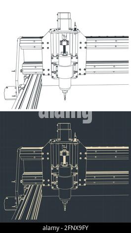 Stilisierte Vektor-Illustrationen der automatisierten CNC-Maschine für 3D-Carving Zeichnungen Stock Vektor