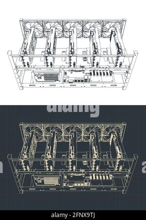 Stilisierte Vektordarstellung von Bergbaufarmen-Zeichnungen Stock Vektor