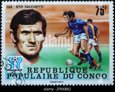 Italienischer Fußballspieler Giacinto Facchetti auf Briefmarke Stockfoto