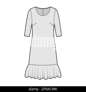 Kleid mit übergroßer Taille technische Mode Illustration mit Ellbogenärmeln, übergroßen Körper, knielangen Rock, Rundhalsausschnitt. Flatwear Front, grau gehalten. Frauen, Männer Unisex-CAD-Modell Stock Vektor