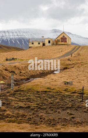Grassy farmland with driveway leads to a home with a blue mountain snowy backdrop in Iceland Stockfoto