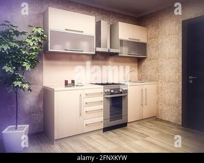 3d-Illustration des modernen Küchenkonzepts im traditionellen Stil. Innenarchitektur der Küche in hellen Farben. Stockfoto