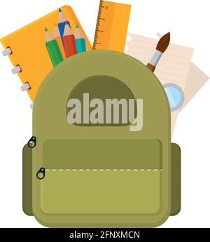 Schülertasche mit Schulbedarf Vektor-Illustration Stock Vektor