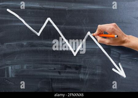 Finanzgeschäftsdiagramm. Abfallende Linie mit Kreide auf Tafel gezeichnet Stockfoto