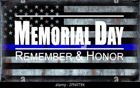 Ebene dünne blaue Linie. Schwarze Flagge der USA mit Police Blue Line und dem Text Memorial Day, Remember and Honor. Stockfoto