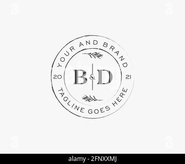 BD Buchstaben Blumenrahmen. Botanical feminin editierbar vorgefertigte monoline einzigartige Dekoration für Grußkarte, Hochzeitseinladung. Stock Vektor