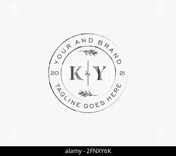 KY-Buchstaben mit Blumenrahmen. Botanical feminin editierbar vorgefertigte monoline einzigartige Dekoration für Grußkarte, Hochzeitseinladung. Stock Vektor