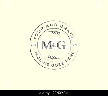 MG Buchstaben Blumenrahmen. Botanical feminin editierbar vorgefertigte monoline einzigartige Dekoration für Grußkarte, Hochzeitseinladung. Stock Vektor