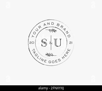 SU Buchstaben Blumenrahmen. Botanical feminin editierbar vorgefertigte monoline einzigartige Dekoration für Grußkarte, Hochzeitseinladung. Stock Vektor