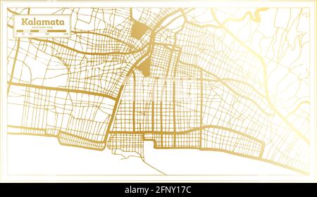 Kalamata Griechenland Stadtplan im Retro-Stil in goldener Farbe. Übersichtskarte. Vektorgrafik. Stock Vektor