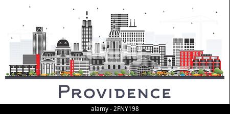 Providence Rhode Island City Skyline mit farbigen Gebäuden isoliert auf Weiß. Vektorgrafik. Providence USA Stadtbild mit Wahrzeichen. Stock Vektor