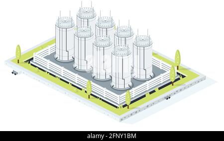 Isometrische Lagerung von Benzin, Rohöl oder Diesel. Tank Farm ​Isolated auf weißem Hintergrund. Vektorgrafik. Stock Vektor