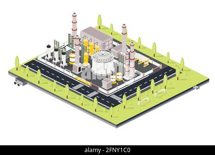 Isometrische Raffinerie mit Röhren. Industriezone für Erdöl mit Infrastrukturelementen. Vektorgrafik. Werksbereich mit Öltanks. Stock Vektor