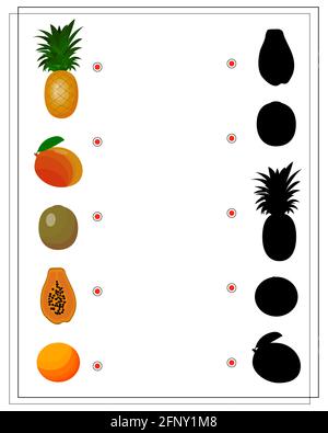 puzzle-Spiel für Kinder finden Sie den richtigen Schatten, Obst. Ananas, Mango, Kiwi, Papaya, Grapefruit. vektor isoliert auf weißem Hintergrund Stock Vektor
