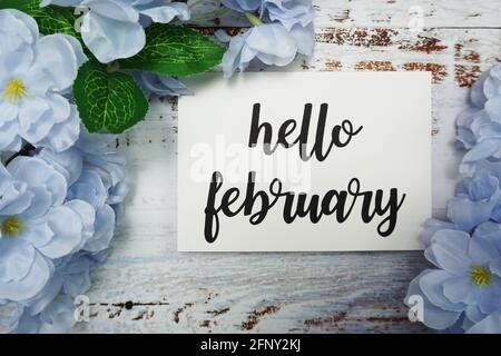 Hello February Karte mit blühender Blume auf Holzhintergrund Stockfoto