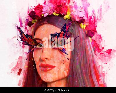 3D Illustration schöne Frau ein Schmetterling Mode im Stil Der Malerei Stockfoto