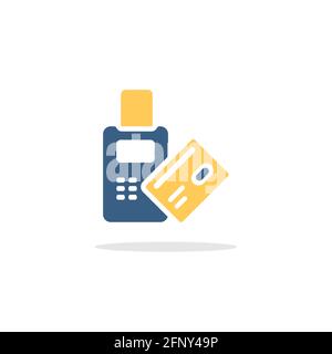 Bezahlen Sie mit dem Kreditkartenleser. Zahlung über das Terminal. Farbsymbol mit Schatten. Commerce Glyphe Vektor Illustration Stock Vektor