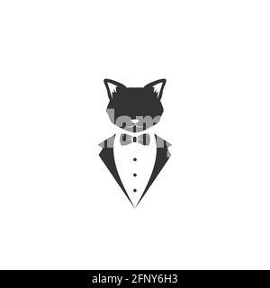 Schwarzer Katzenkopf mit Fliege und schwarzem Anzug oder Smoking. Robuste, coole Vector flache Illustration. Mann-Avatar. Gentleman. Retro Party Logo. Maskottchen Symbol. Stock Vektor