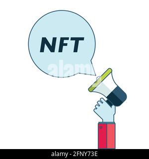 Konzept von NFT mit Megaphon, nicht-fungible Token, isoliert auf Weiß Stock Vektor