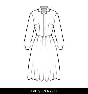 Kleid Haushemd technische Mode Illustration mit langen Ärmeln mit Manschette, knielangen Rock, klassischen henley Kragen. Flatwear Front, weiß in Farbe. Frauen, Männer Unisex-CAD-Modell Stock Vektor
