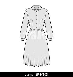 Kleid Haushemd technische Mode Illustration mit langen Ärmeln mit Manschette, knielangen Rock, klassischen henley Kragen. Flatwear Front, grau gehalten. Frauen, Männer Unisex-CAD-Modell Stock Vektor