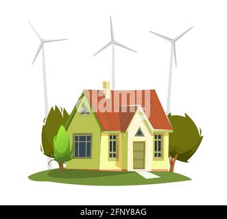 Windkraft-Generator. Landhaus. Flacher Cartoon-Stil. Isolierter Hintergrund. Eine umweltfreundliche Quelle erneuerbarer Energien. Windenergieanlage mit Stock Vektor