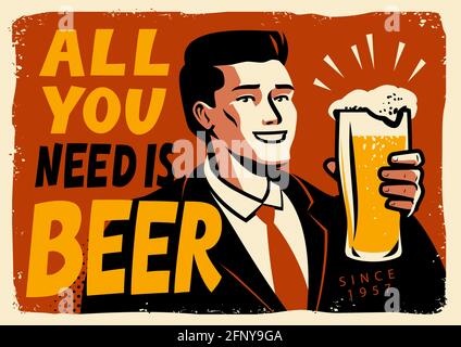 Retro-Bier-Poster. Vintage-Schild mit Werbung für kaltes Ale. Vektordarstellung „Pub Concept“ Stock Vektor