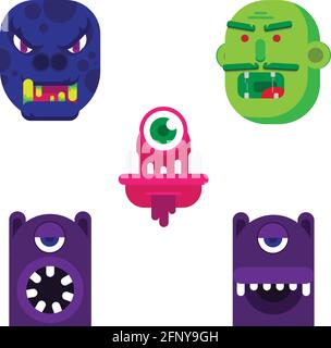 Flaches Design Cartoon Monster Gesichter. vektor-Illustration Satz von Kreatur Gesichter. Stock Vektor