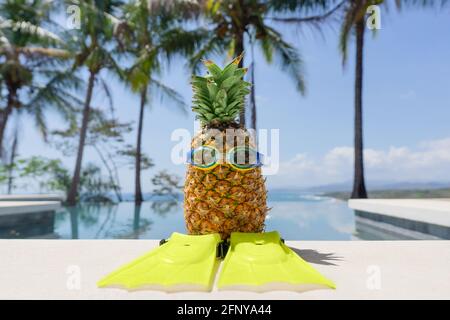 Lustige Ananasfigur, die an einem sonnigen Tag vor tropischem Hintergrund eine Schutzbrille trägt und Flossen am Pool schwimmt. Konzept für Sommerferien. Stockfoto