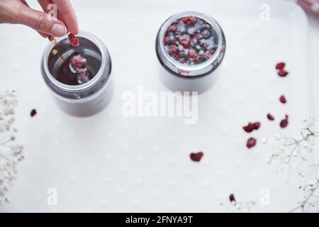 Gesundes fermentiertes Honigprodukt mit Cranberry. Lebensmittelkonservierungsmittel zu Hause, gemütliche, rustikale flache Laie. Köstliches Rezepturkonzept. Antivirale Nahrung. Antibakterielles, antivirales Produkt. Draufsicht mit Kopie Stockfoto