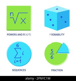 Mathematische Symbole in flacher Form. Kräfte und Wurzeln, Sequenzen, Wahrscheinlichkeit und Bruch. Vektorgrafik. Stock Vektor