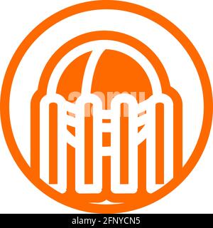 Symbol für den Gastank in flachem Design mit orangefarbener Farbe und Umriss auf einem kreisförmigen Hintergrund. Stock Vektor