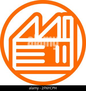 Fabriksymbol in flachem Design mit oranger Farbe und Umriss auf einem Linienkreis-Hintergrund. Stock Vektor