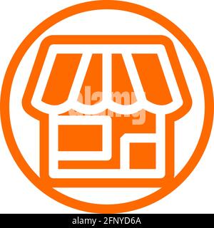 Shop Icon in flachem Design mit oranger Farbe und Umriss auf einem Linienkreis Hintergrund. Stock Vektor