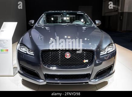 Der Jaguar XF wurde auf der Automobilausstellung in Brüssel Expo vorgestellt. Belgien - 19. Januar 2017 Stockfoto