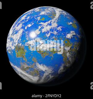 Erde wie ein fremder Planet, freundlicher Exoplanet mit Oberflächenleben isoliert auf schwarzem Hintergrund (3d Science Illustration) Stockfoto