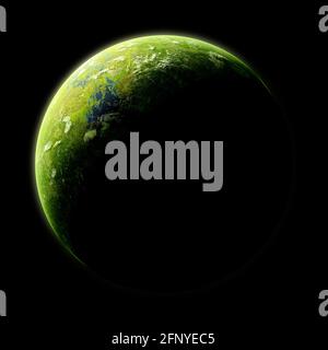 sonnenaufgang über grünem Alien-Planeten, Dschungel-Exoplanet mit Oberflächenwasser und Pflanzenleben isoliert auf schwarzem Hintergrund (3d-Weltraumdarstellung) Stockfoto