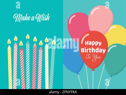 Happy Birthday Karte Poster. Set von farbigen Geburtstagskerzen und Luftballons im flachen Stil. Vektorgrafik Stock Vektor