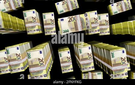 3D-Illustration für das Euro Money Pack. 200 EUR Banknotenbündel. Konzept von Finanzen, Bargeld, Wirtschaftskrise, Unternehmenserfolg, Rezession, bank, Steuer und Stockfoto