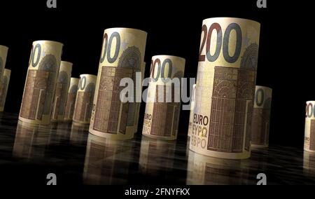 3D-Illustration für das Euro Money Pack. 200 EUR Banknotenbündel. Konzept von Finanzen, Bargeld, Wirtschaftskrise, Unternehmenserfolg, Rezession, bank, Steuer und Stockfoto