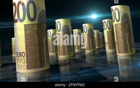 3D-Illustration für das Euro Money Pack. 200 EUR Banknotenbündel. Konzept von Finanzen, Bargeld, Wirtschaftskrise, Unternehmenserfolg, Rezession, bank, Steuer und Stockfoto