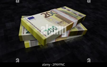 3D-Illustration für das Euro Money Pack. 200 EUR Banknotenbündel. Konzept von Finanzen, Bargeld, Wirtschaftskrise, Unternehmenserfolg, Rezession, bank, Steuer und Stockfoto