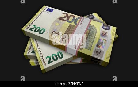 3D-Illustration für das Euro Money Pack. 200 EUR Banknotenbündel. Konzept von Finanzen, Bargeld, Wirtschaftskrise, Unternehmenserfolg, Rezession, bank, Steuer und Stockfoto