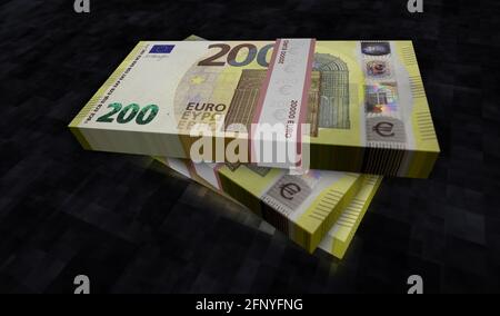 3D-Illustration für das Euro Money Pack. 200 EUR Banknotenbündel. Konzept von Finanzen, Bargeld, Wirtschaftskrise, Unternehmenserfolg, Rezession, bank, Steuer und Stockfoto