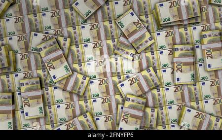 3D-Illustration für das Euro Money Pack. 200 EUR Banknotenbündel. Konzept von Finanzen, Bargeld, Wirtschaftskrise, Unternehmenserfolg, Rezession, bank, Steuer und Stockfoto