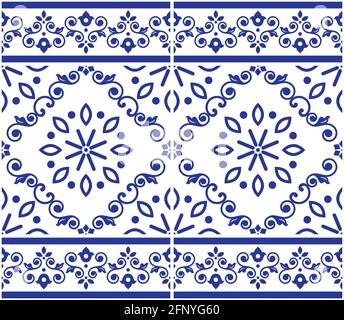 Azulejo Fliesen im Lissabonner Stil mit nahtlosem Vektor-Indigo-Muster, elegantes, von der Kunst Portugals inspiriertes dekoratives Design mit floralem und geometrischem Motiv Stock Vektor