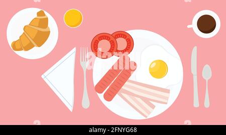 Frühstück mit Spiegelei, Wurst, Tomatenscheiben und Speck, Kaffee, Croissant und Saft Stock Vektor