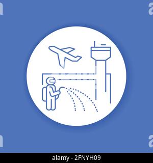 Symbol für die Desinfektion des Flughafens mit Farbglyphen. Arbeiter in Schutzanzug mit Desinfektionssprüher. Reinigungsservice. Piktogramm für Web, mobile App, Promo. UI Stock Vektor