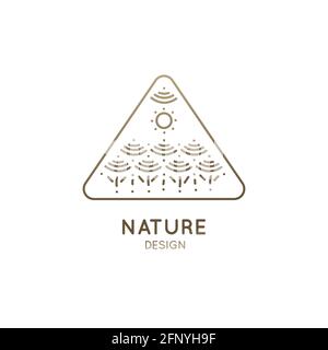Vektor dreieckiges Logo von Naturelementen isoliert in linearem Stil. Skizzieren Sie Ikonen Landschaft mit Bäumen und Sonne - Business-Embleme, Abzeichen für eine Reise Stock Vektor